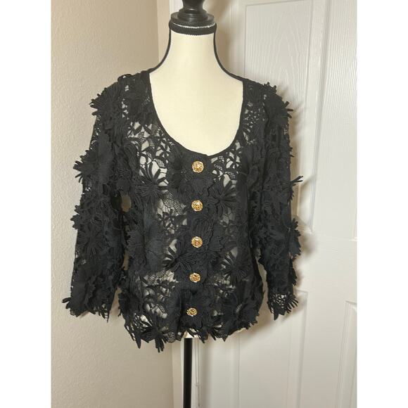 Boston Proper Decorative Black Floral Appliqué Cardigan Jacket - Picture 1 of 13